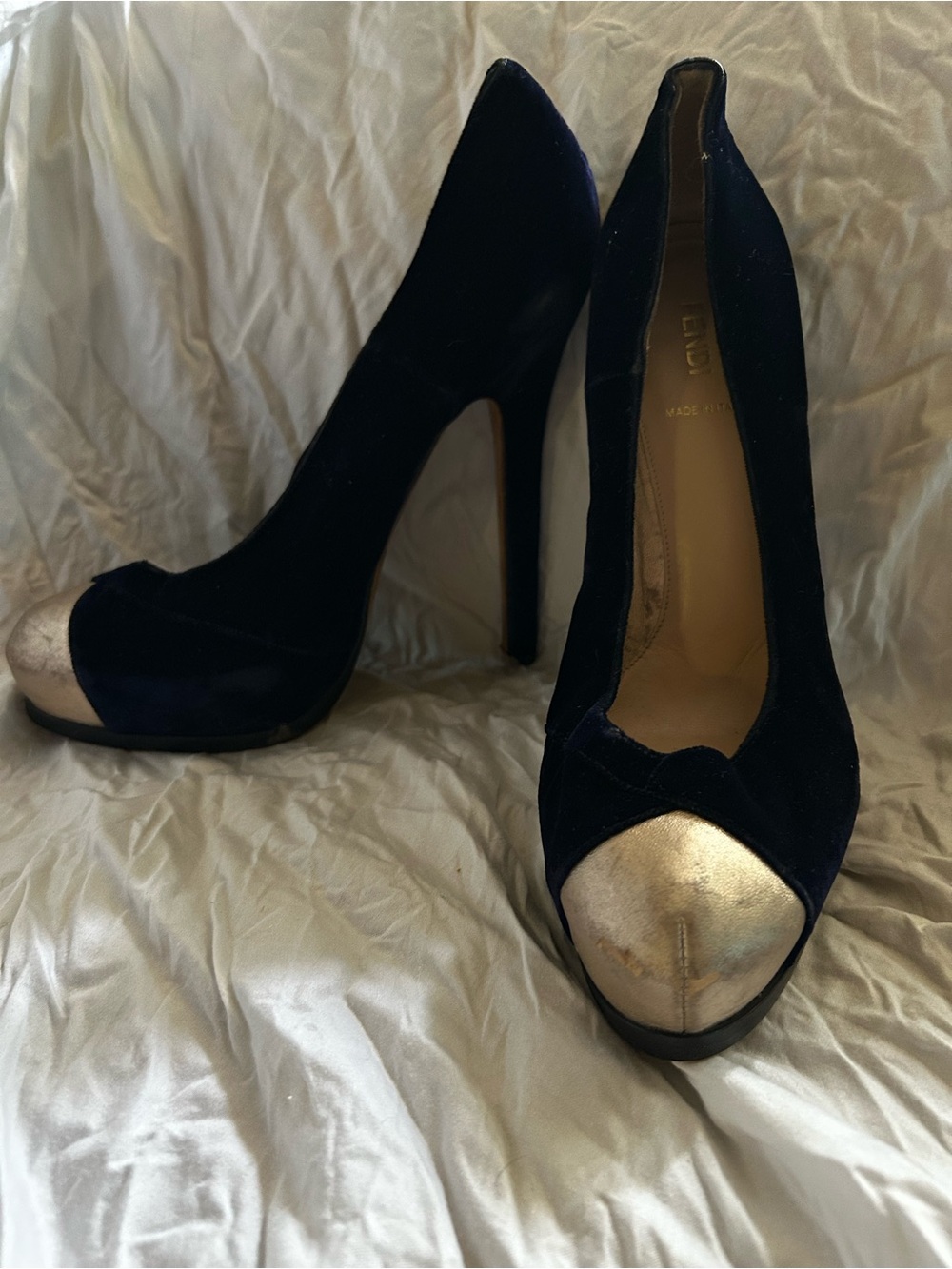 Fendi Navy Velvet Pumps with Metallic Gold Cap Toe 39